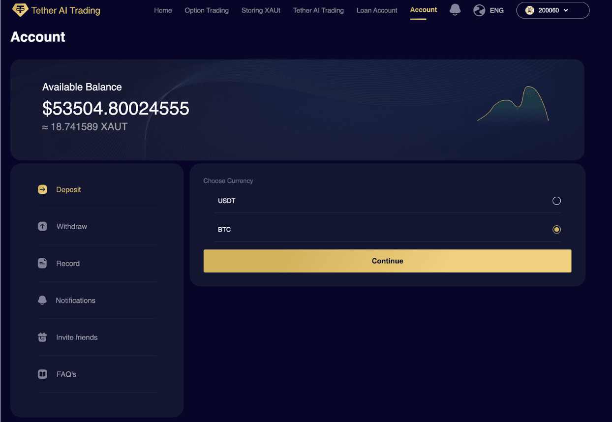 Fake account dashboard showing false profits on Tether Ai-XAUT Trading